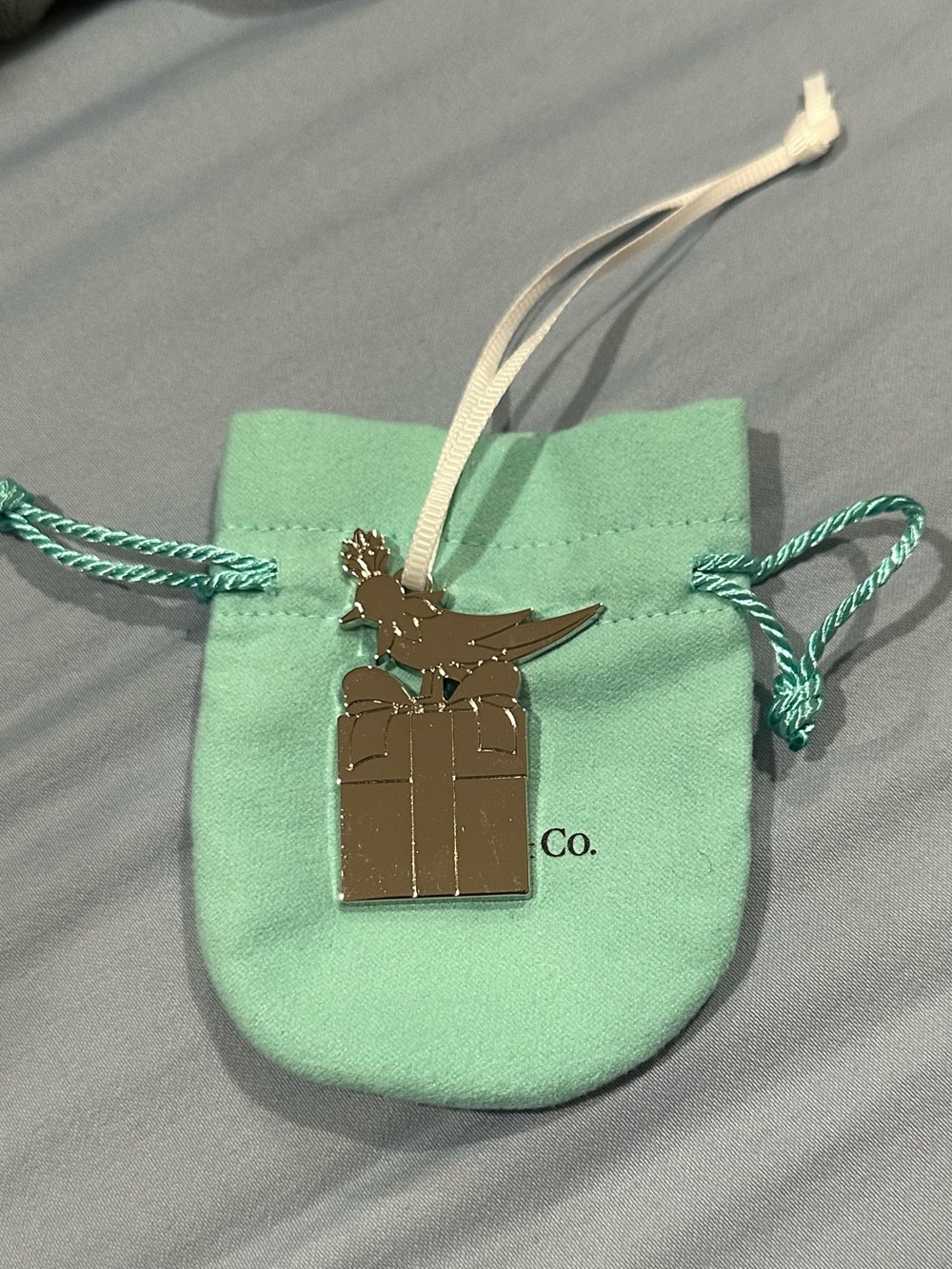 Tiffany & Co. Bird on box gift Tag Necklace with Aqua Pouch